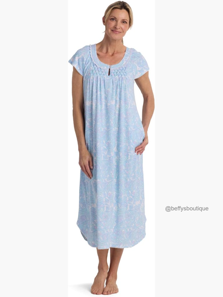 Cotton Nightgown With Pockets, Cap Sleeves, Calf Length